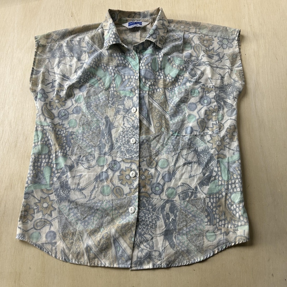 Vintage Cape Cod Sportswear Shirt Womens XL Beige Floral Sleeveless Button Up